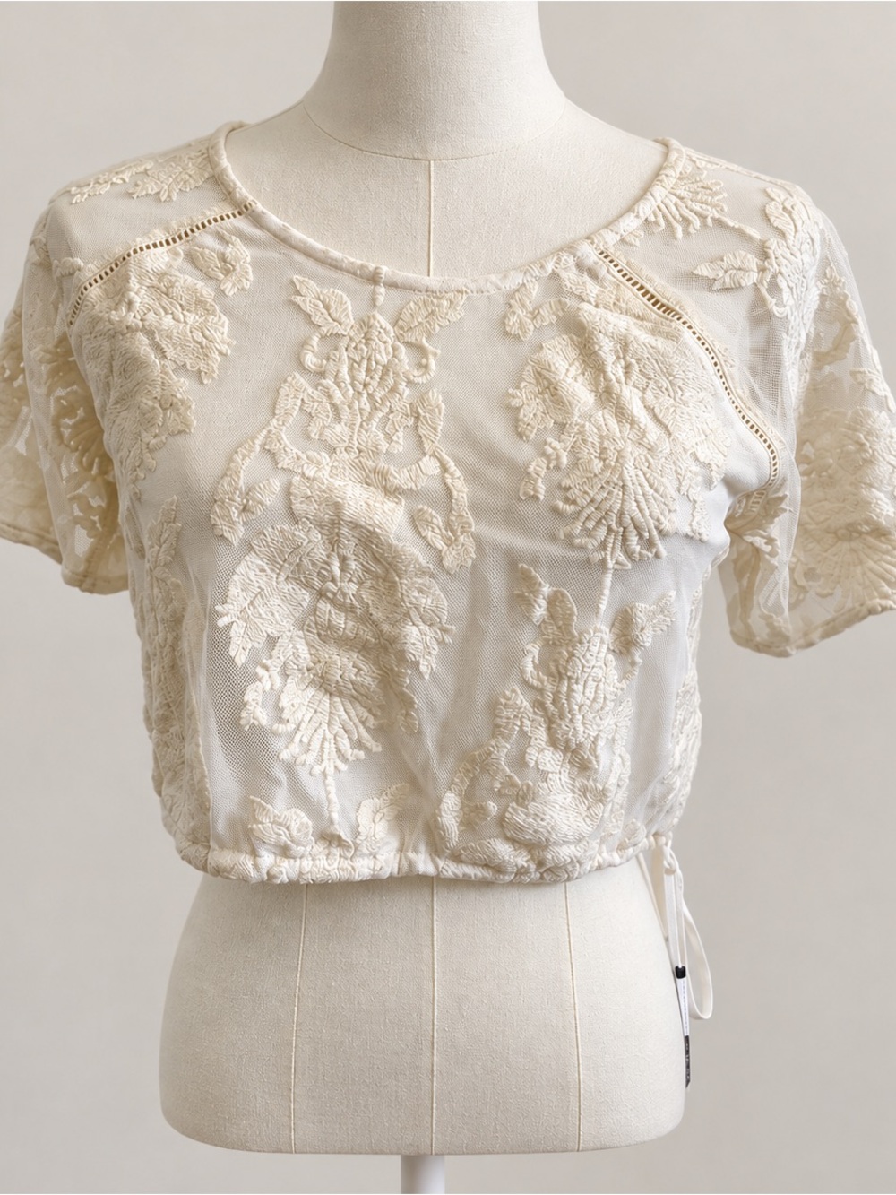 NWOT Kendall & Kylie Embroidered Mesh Crop Top S Cream Boho Y2K